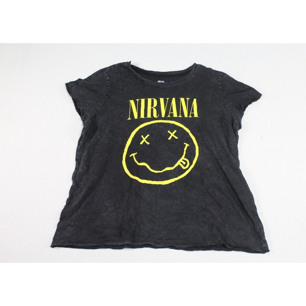 Nirvana Women Black Top Short Sleeve Happy Face Logo Size 2
